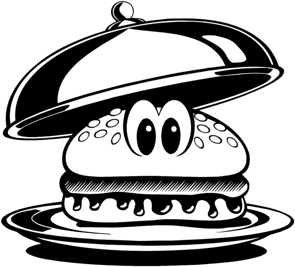 Hamburger with eyes on a serving tray vinyl sticker. Customize on line. Food Meals Drinks 040-0345